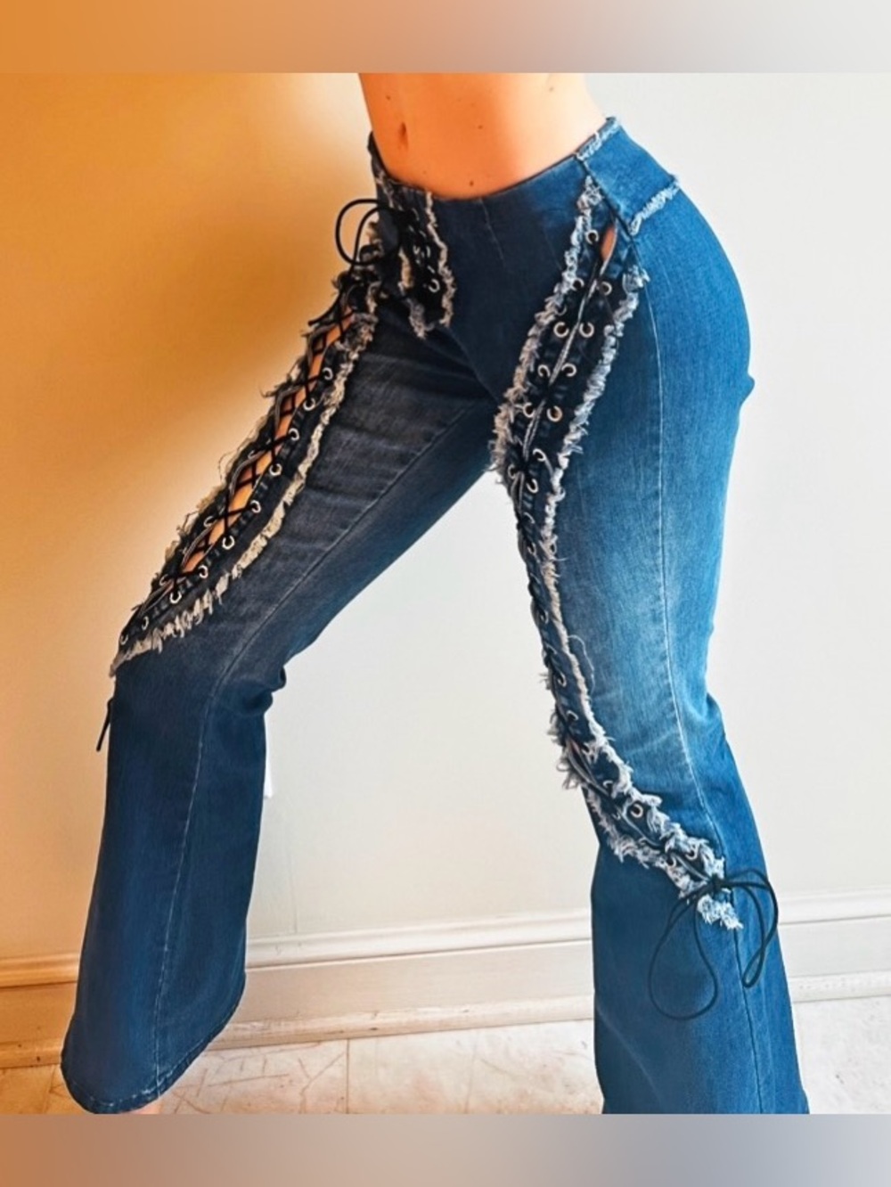Lace-Up Blue Denim Jeans